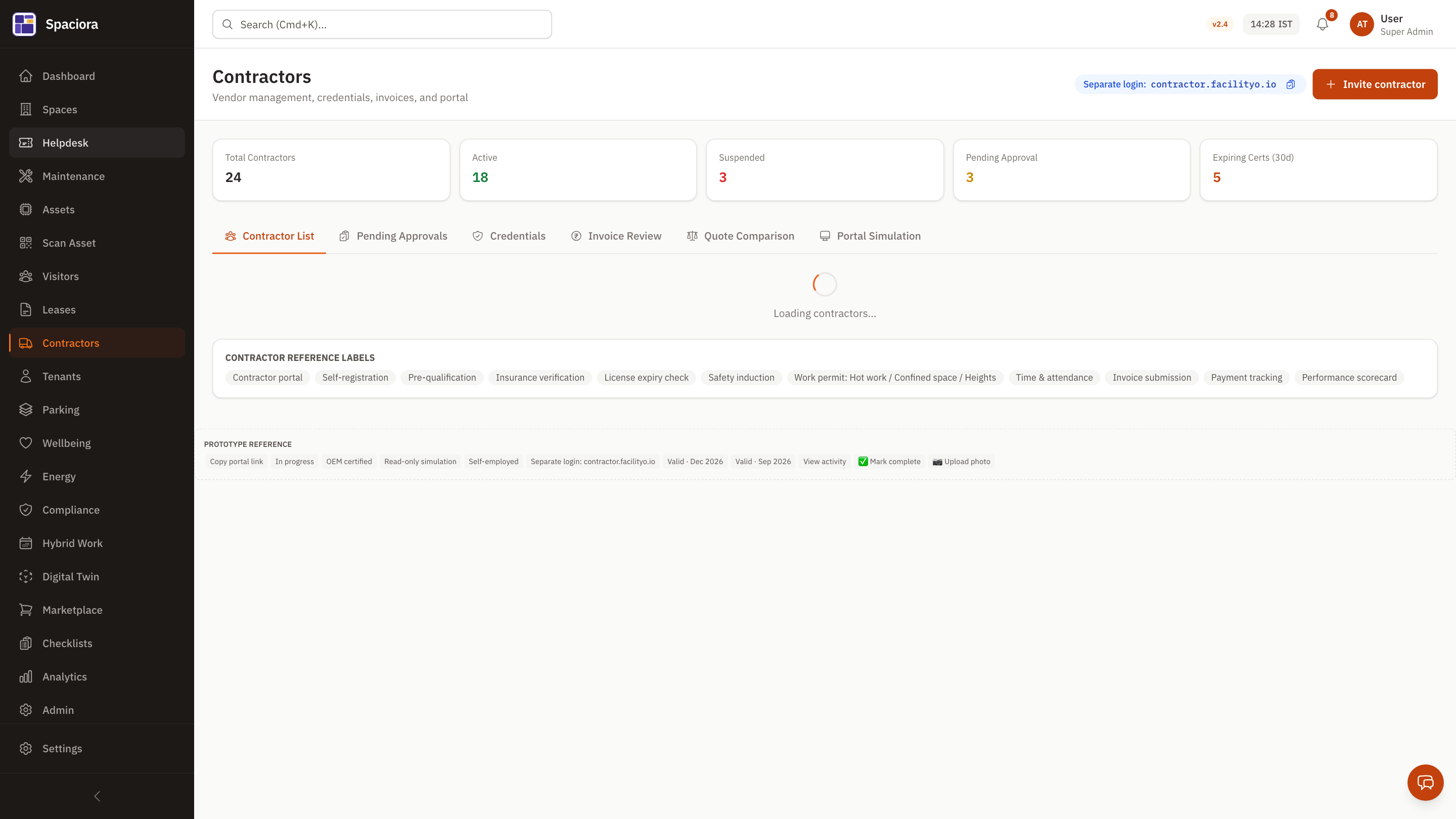 Contractor portal — running in Spaciora