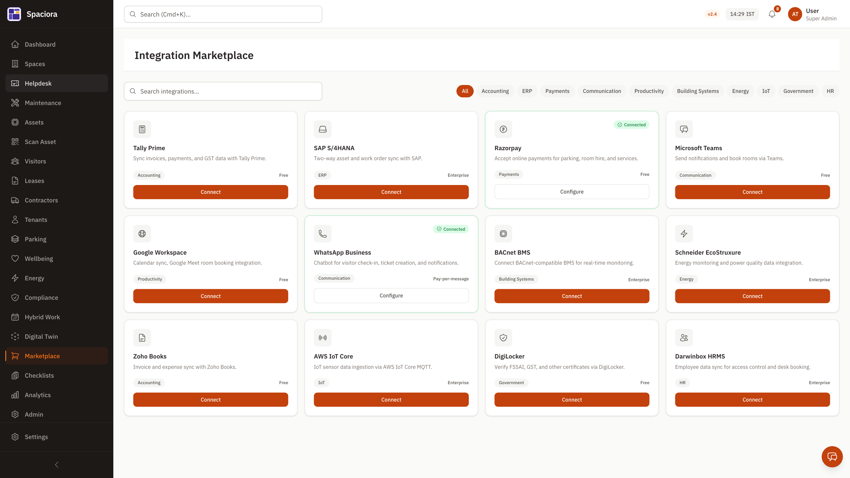 Integrations — running in Spaciora